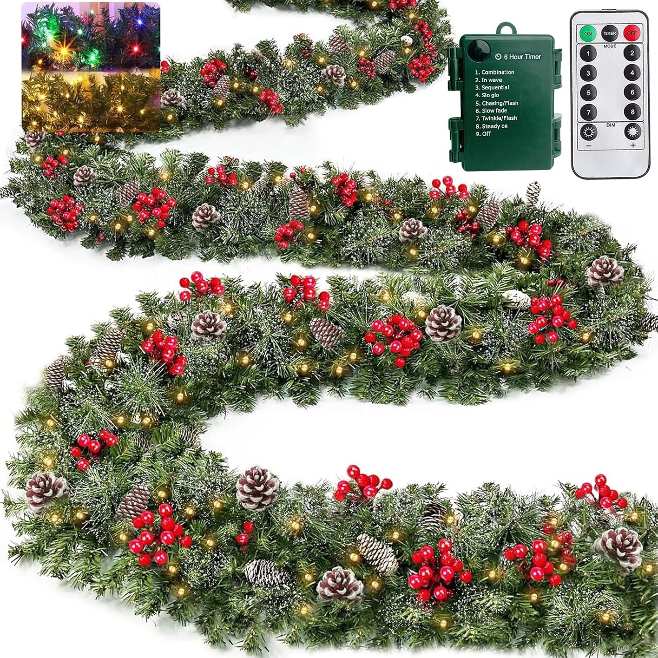 18Ft Prelit Snowy Bristle Pine Christmas Garland (Warm White and Multicolored Switching Lights)